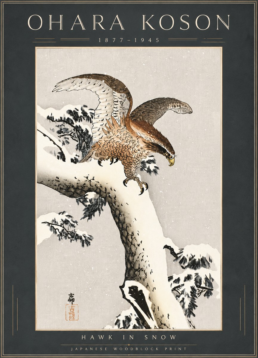 Ohara Koson Hawk in Snow No6 - Plakát