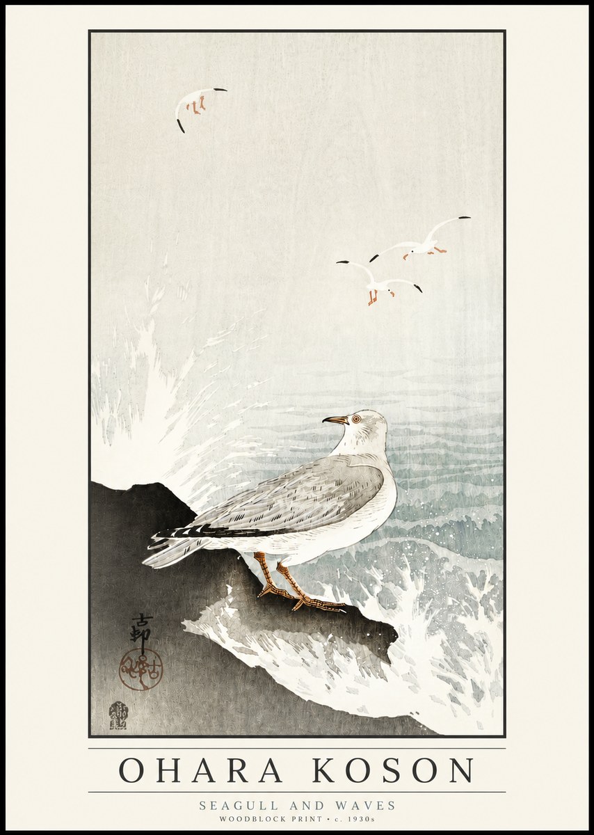 Ohara Koson Seagull and Waves No3 - Plakát