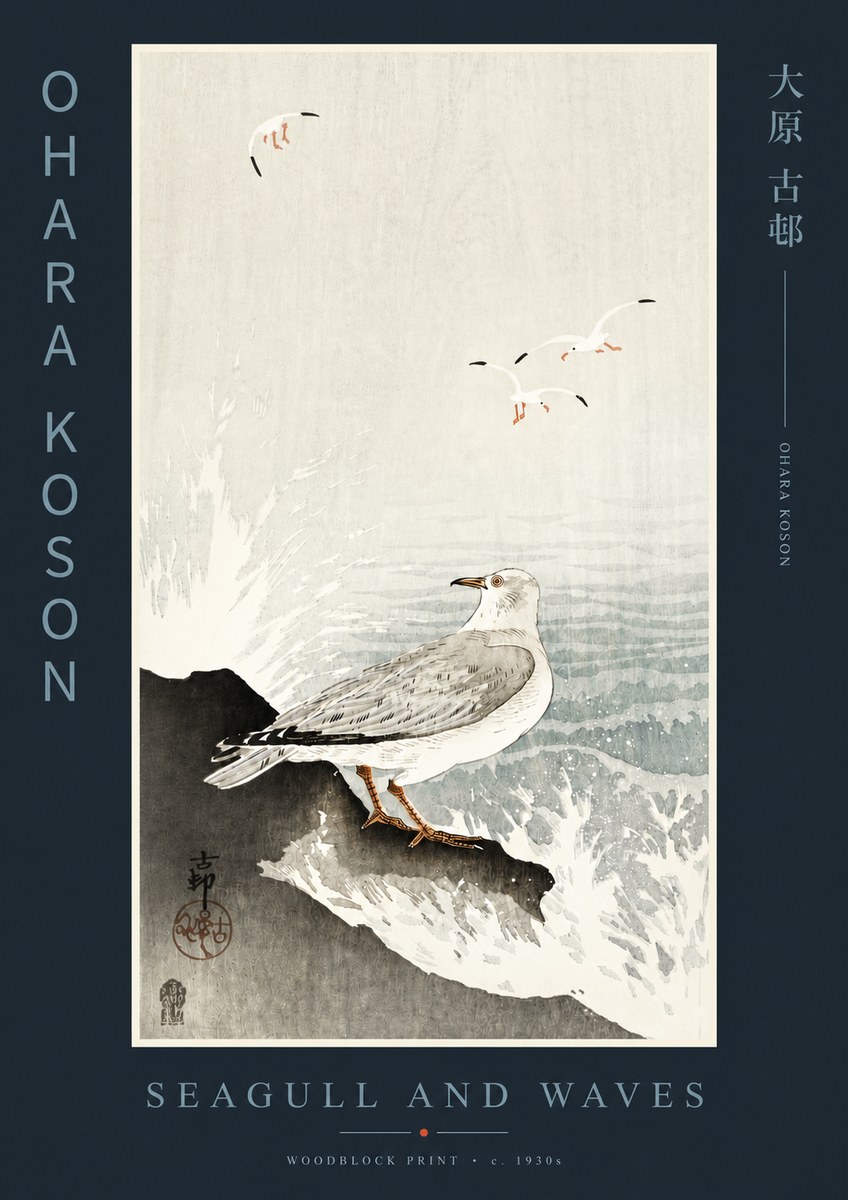 Ohara Koson Seagull and Waves No4 - Plakát