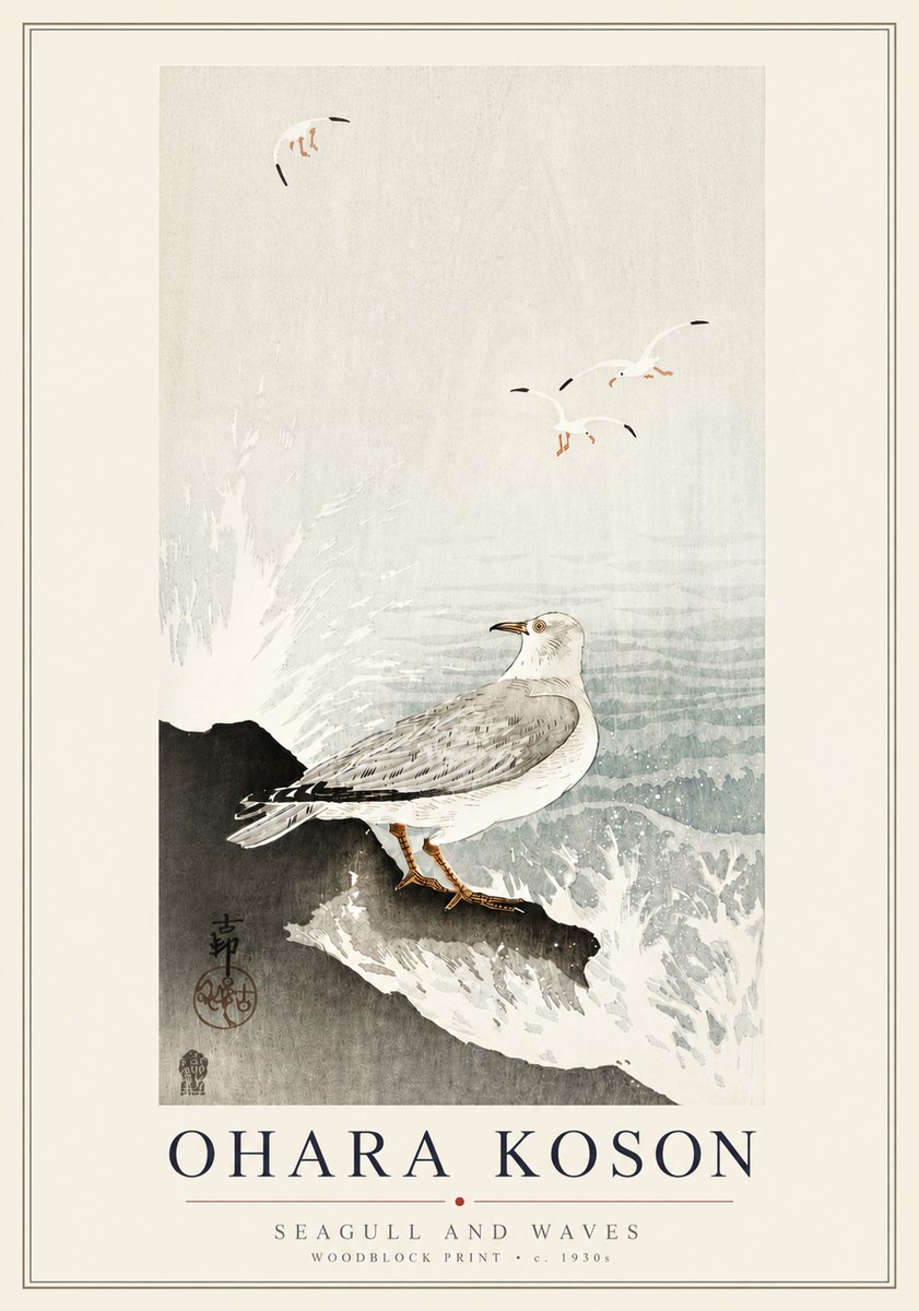 Ohara Koson Seagull and Waves No6 - Plakát