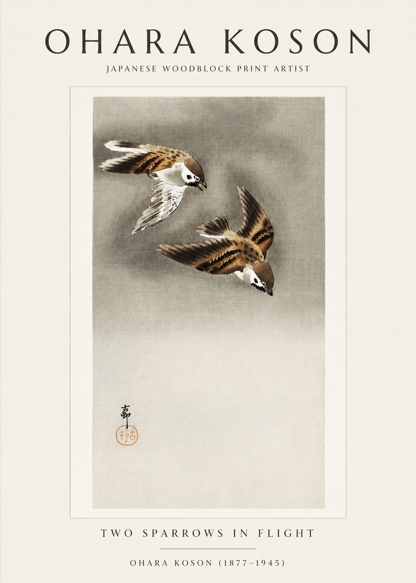 Ohara Koson Two Sparrows in Flight No1 - Plakát