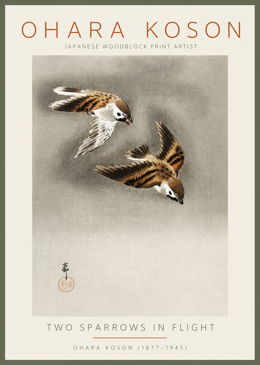 Ohara Koson Two Sparrows in Flight No2 - Plakát
