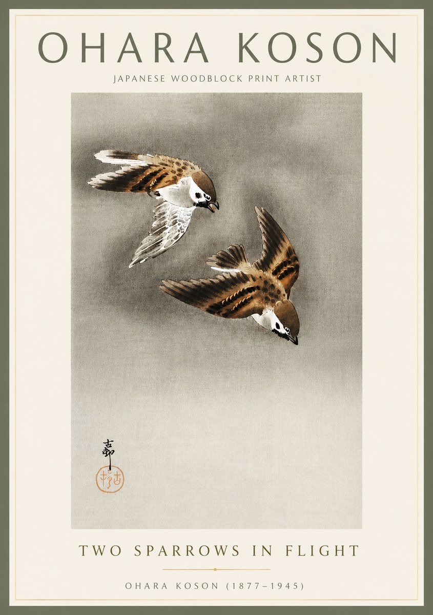 Ohara Koson Two Sparrows in Flight No4 - Plakát