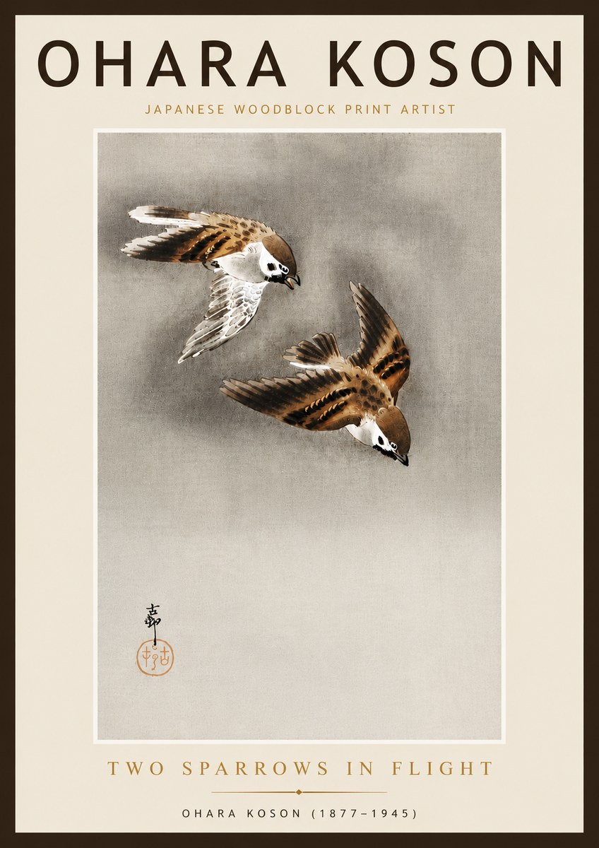 Ohara Koson Two Sparrows in Flight No6 - Plakát