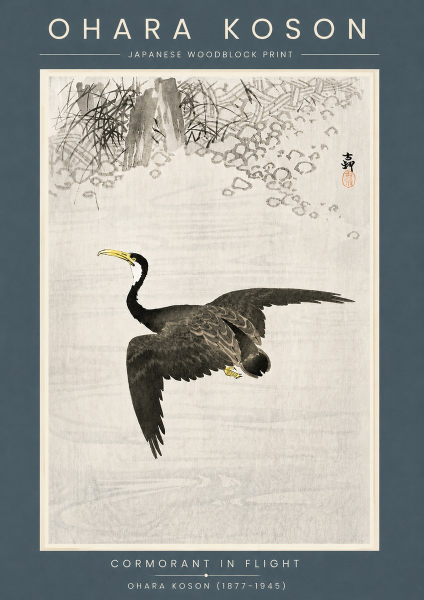 Ohara Koson Cormorant in Flight No6 - Plakát