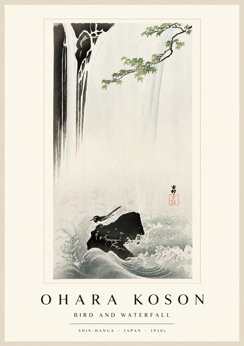 Ohara Koson Bird and Waterfall No1 - Plakát