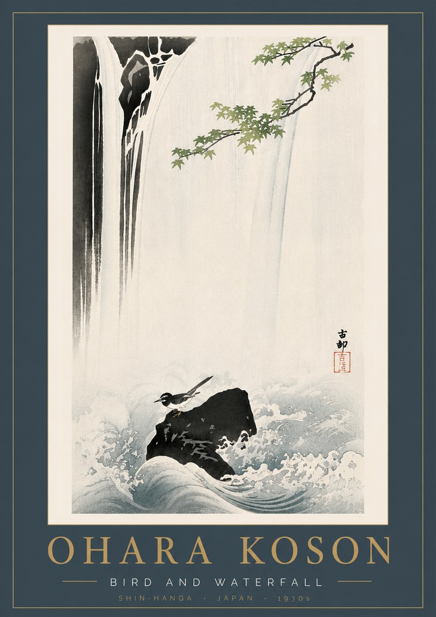 Ohara Koson Bird and Waterfall No6 - Plakát