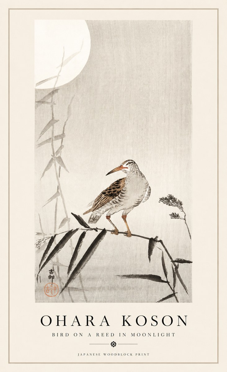 Ohara Koson Bird on a Reed in Moonlight No1 - Plakát