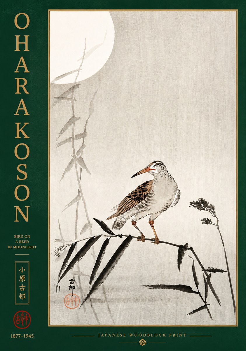 Ohara Koson Bird on a Reed in Moonlight No2 - Plakát