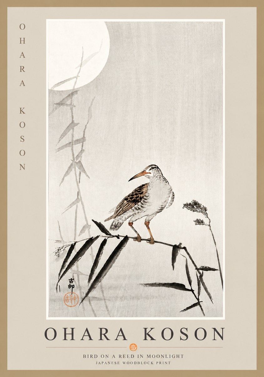 Ohara Koson Bird on a Reed in Moonlight No6 - Plakát