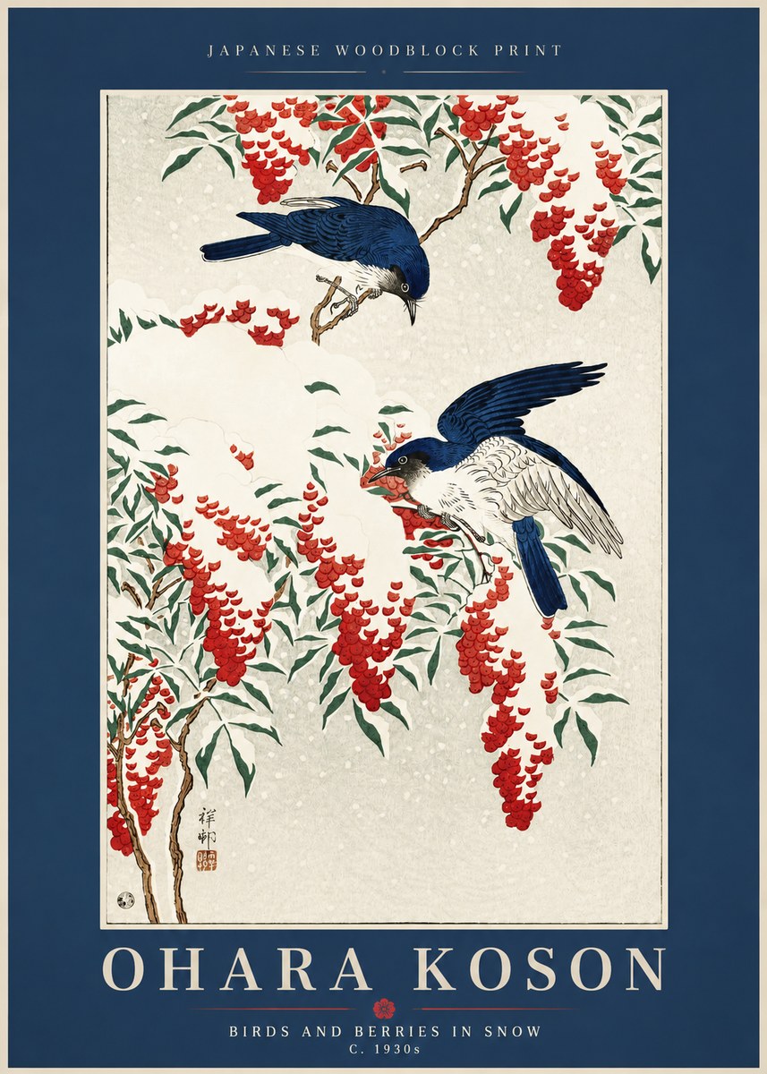 Ohara Koson Birds and Berries in Snow No2 - Plakát