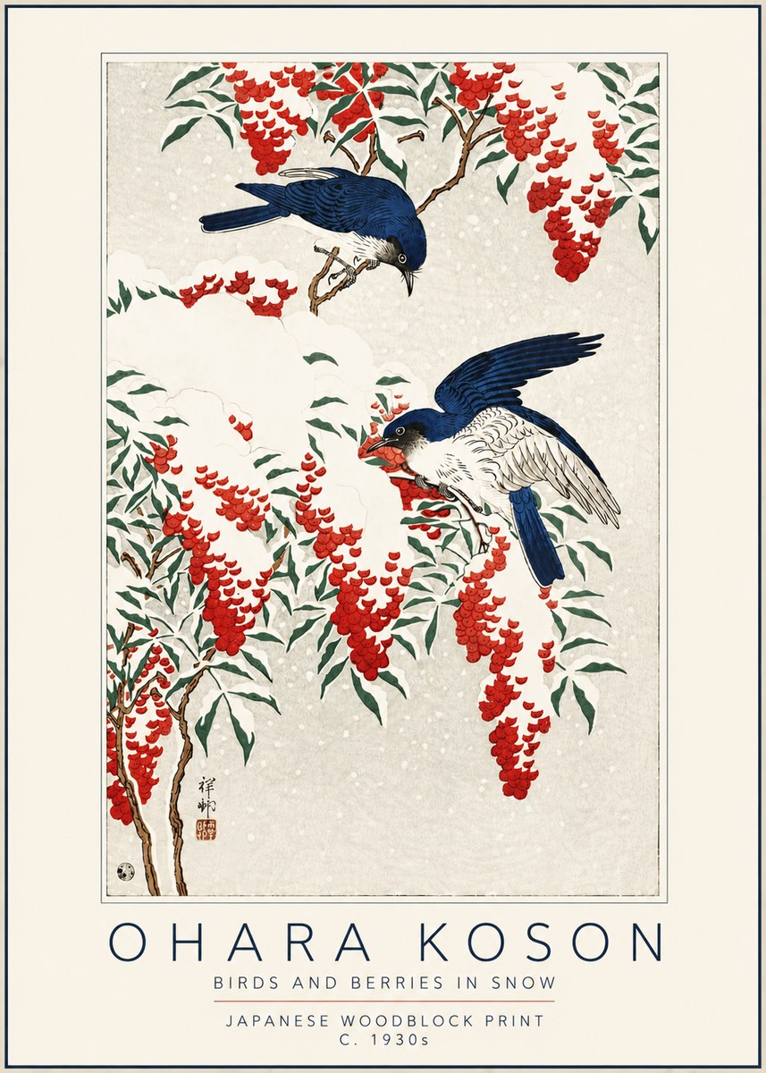 Ohara Koson Birds and Berries in Snow No5 - Plakát