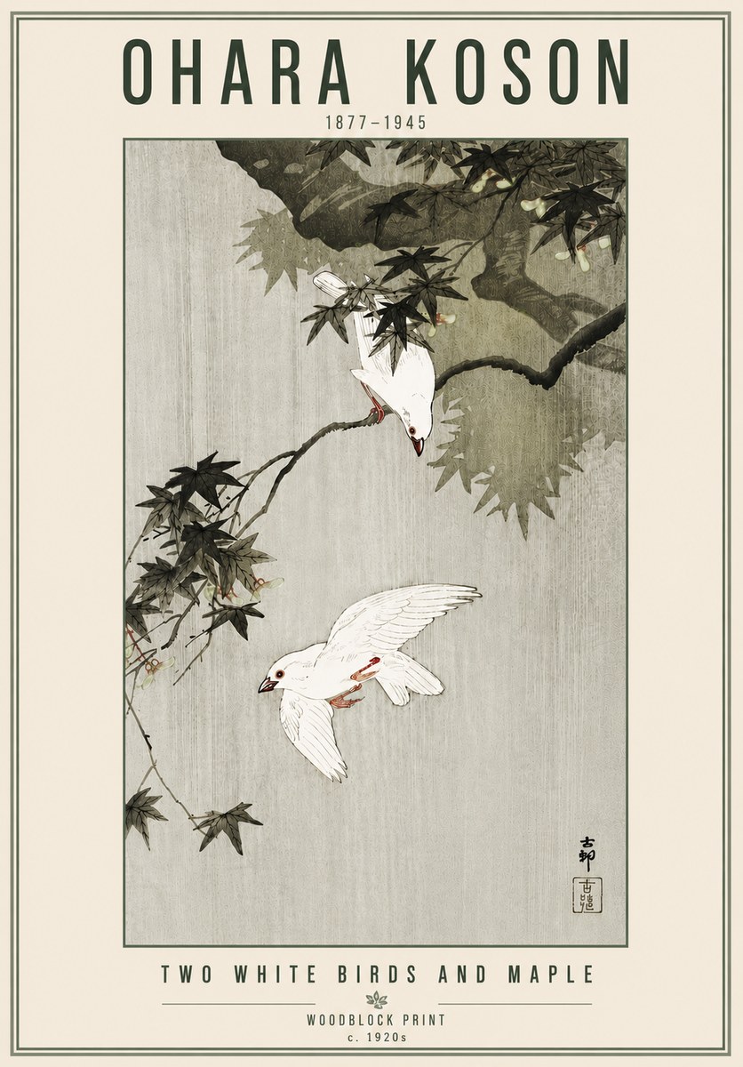 Ohara Koson Two White Birds and Maple No6 - Plakát