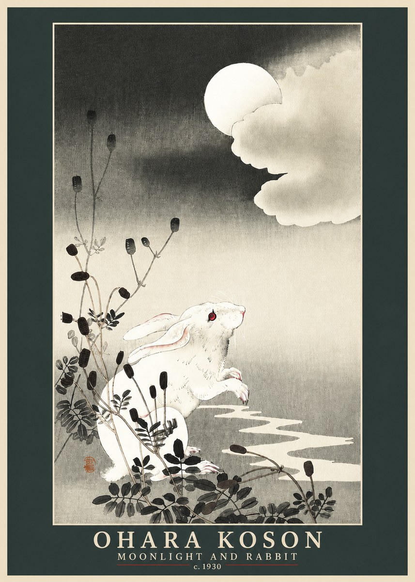 Ohara Koson Moonlight and Rabbit No3 - Plakát