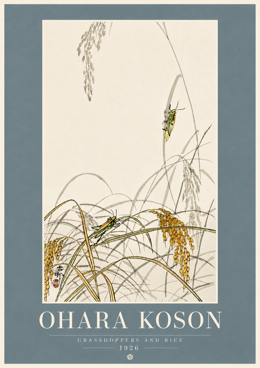 Ohara Koson Grasshoppers and Rice No5 - Plakát