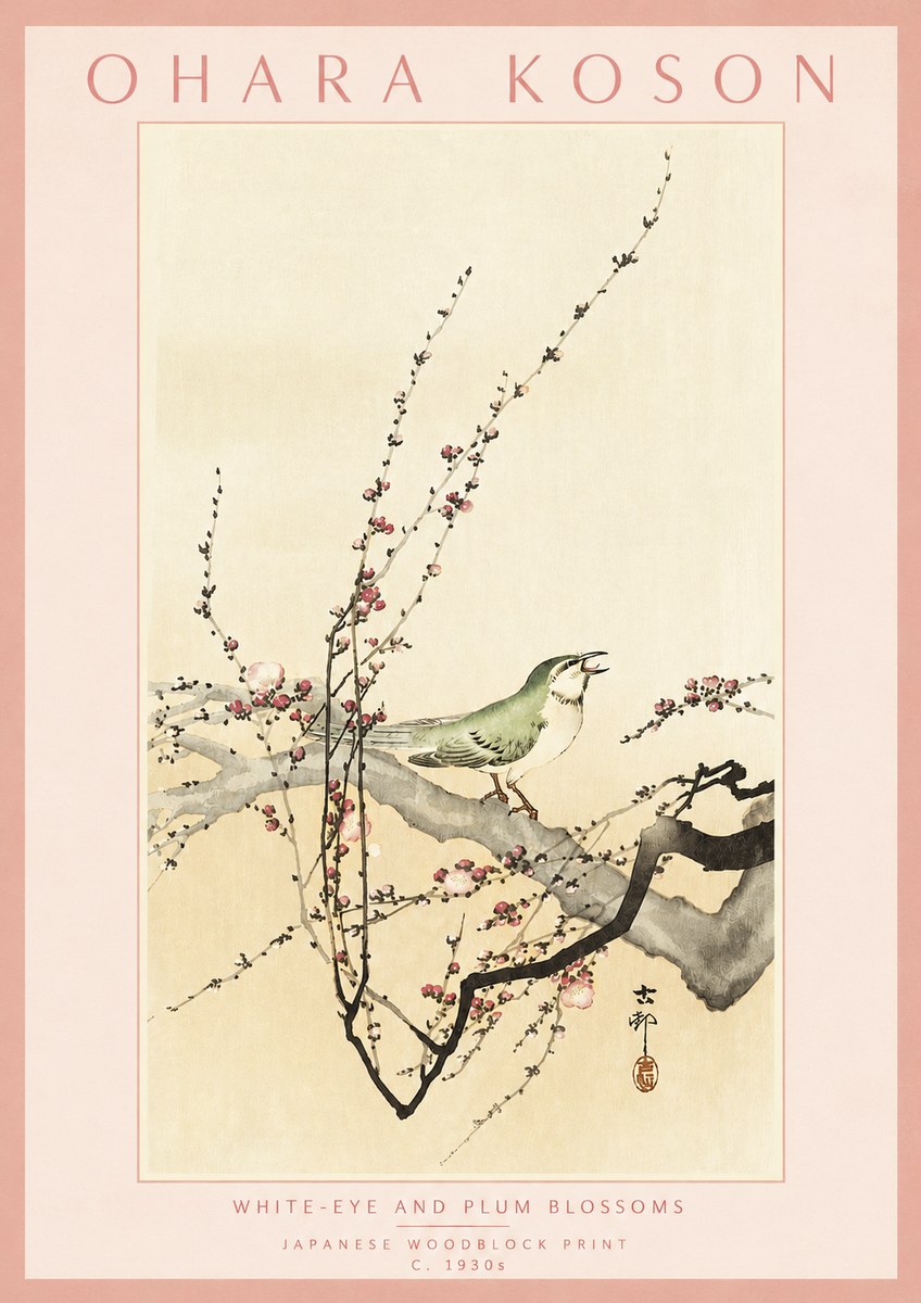 Ohara Koson White-eye and Plum Blossoms No3 - Plakát