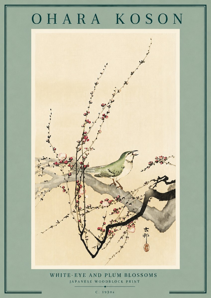 Ohara Koson White-eye and Plum Blossoms No6 - Plakát