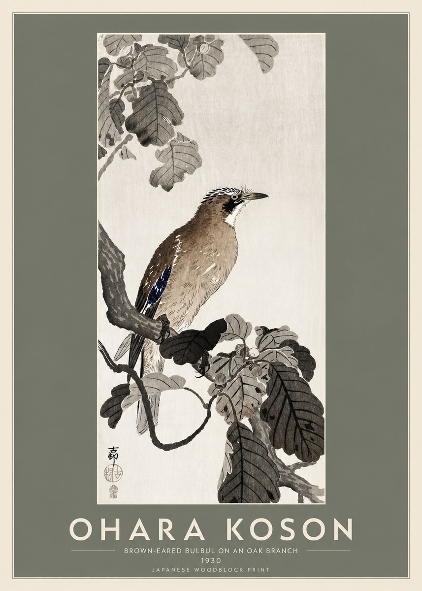 Ohara Koson Brown-eared Bulbul on an Oak Branch No2 - Plakát