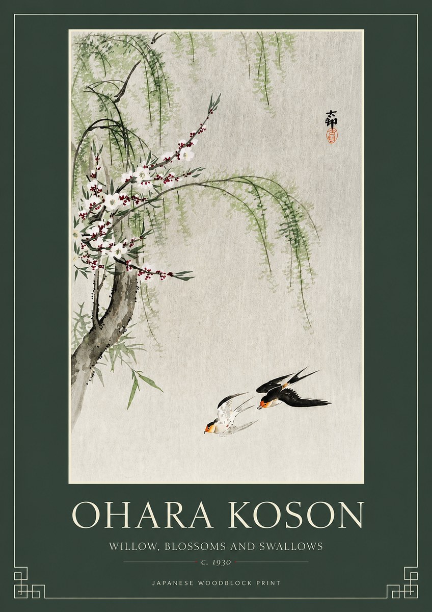 Ohara Koson Willow, Blossoms and Swallows No2 - Plakát