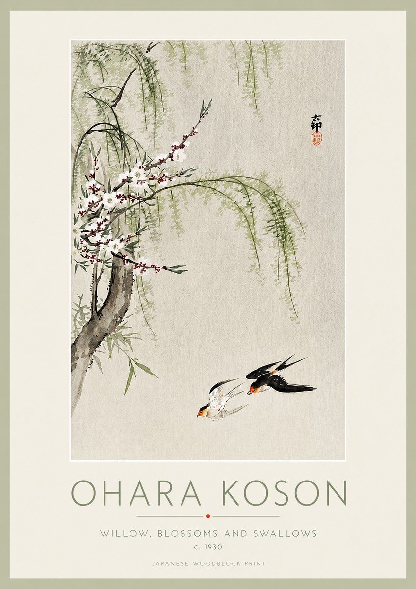Ohara Koson Willow, Blossoms and Swallows No3 - Plakát