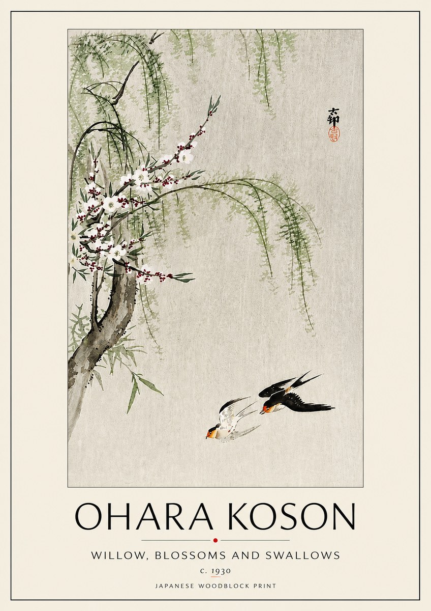 Ohara Koson Willow, Blossoms and Swallows No5 - Plakát