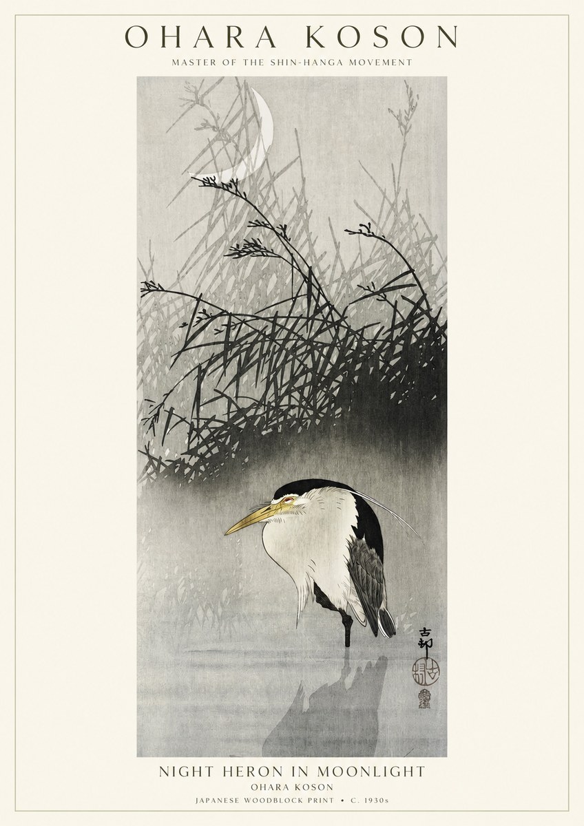 Ohara Koson Night Heron in Moonlight No1 - Plakát