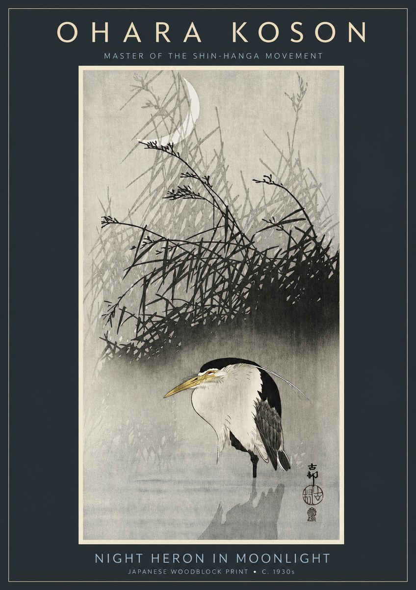 Ohara Koson Night Heron in Moonlight No2 - Plakát