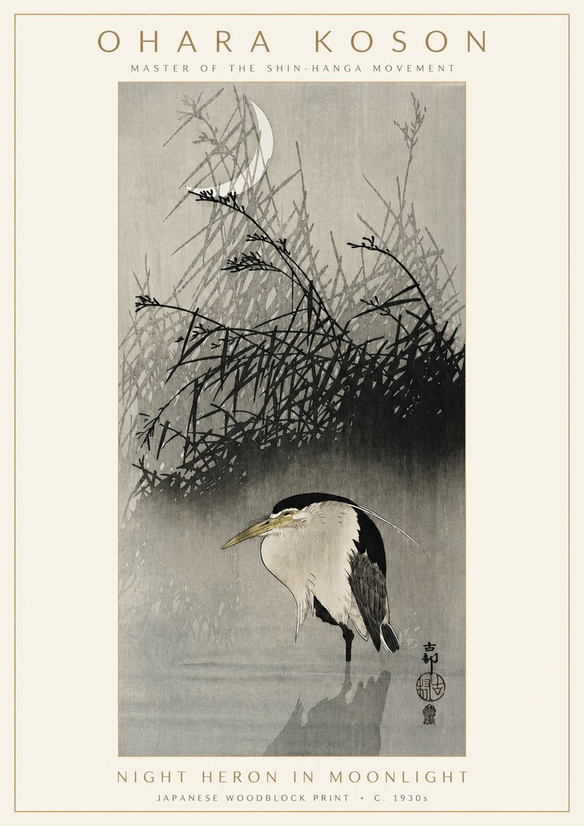 Ohara Koson Night Heron in Moonlight No3 - Plakát