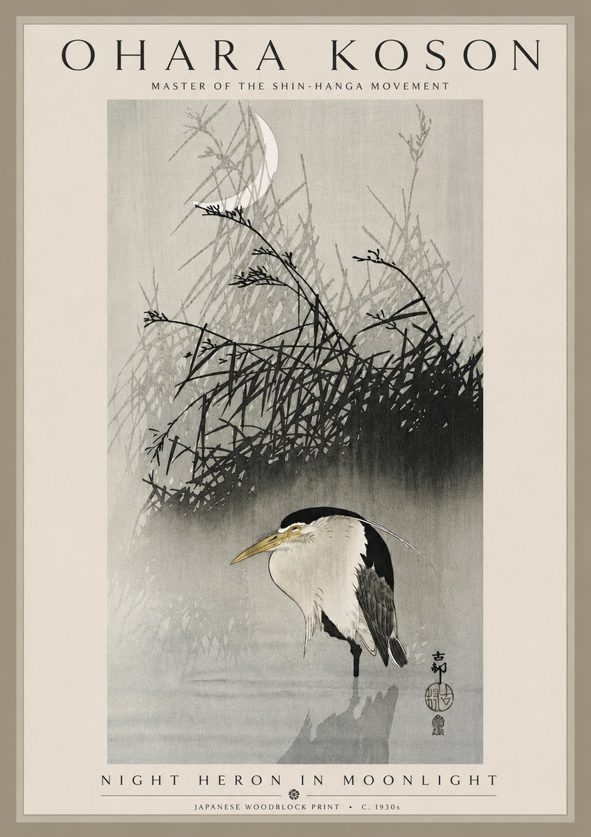 Ohara Koson Night Heron in Moonlight No5 - Plakát