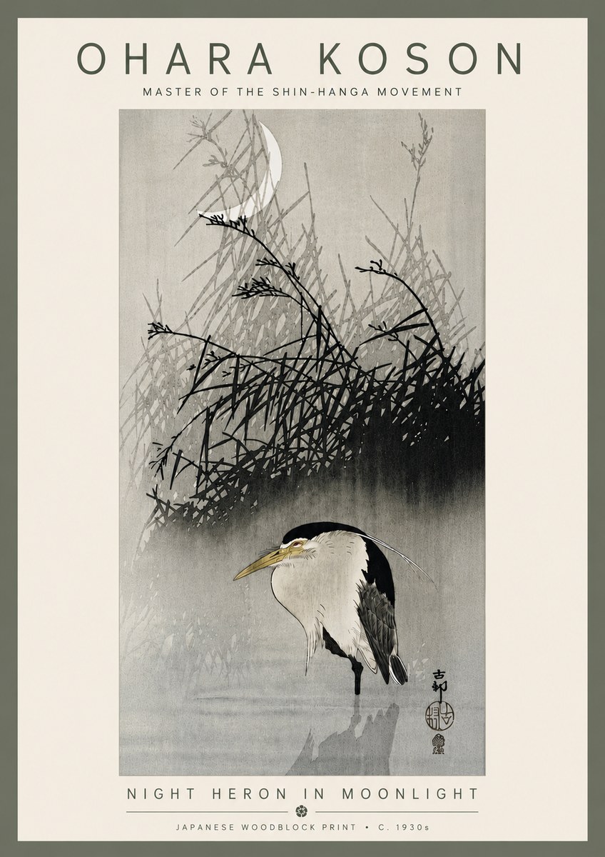 Ohara Koson Night Heron in Moonlight No6 - Plakát