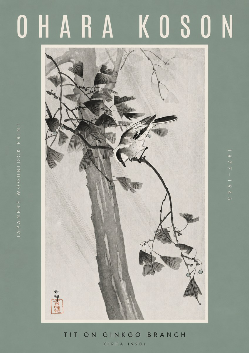 Ohara Koson Tit on Ginkgo Branch No2 - Plakát