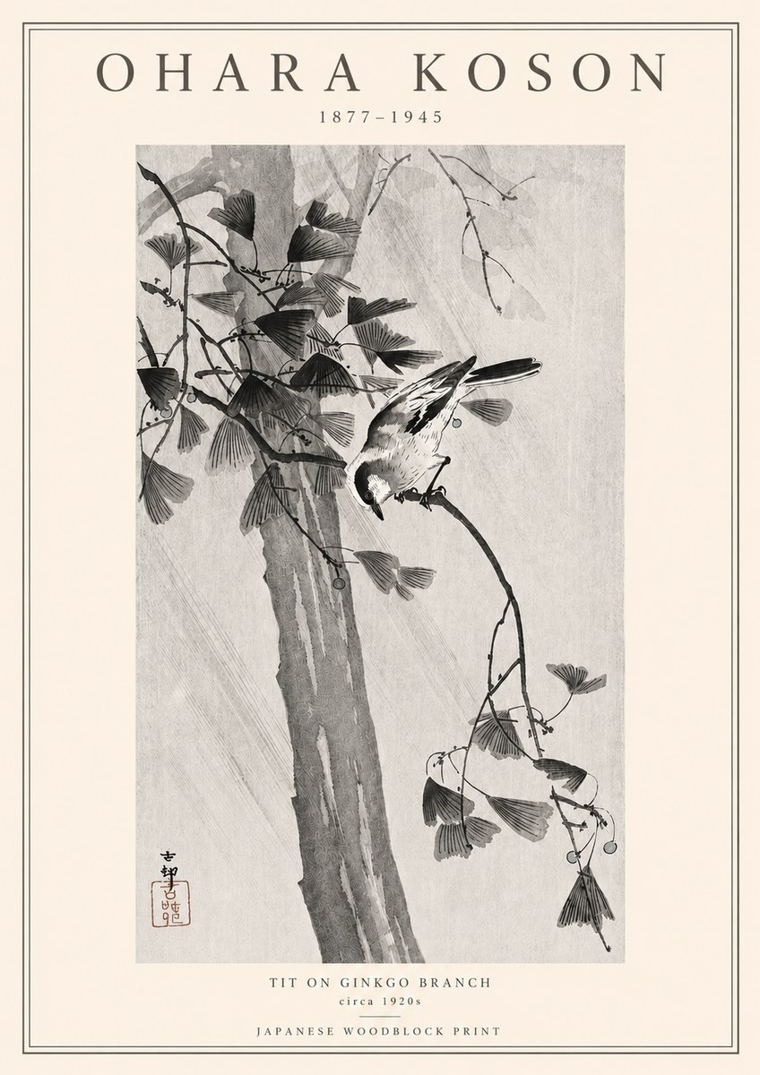Ohara Koson Tit on Ginkgo Branch No3 - Plakát