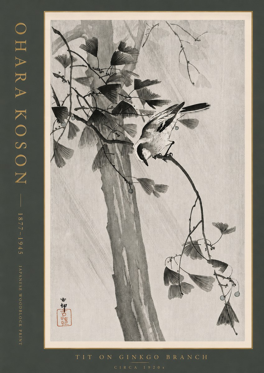 Ohara Koson Tit on Ginkgo Branch No4 - Plakát