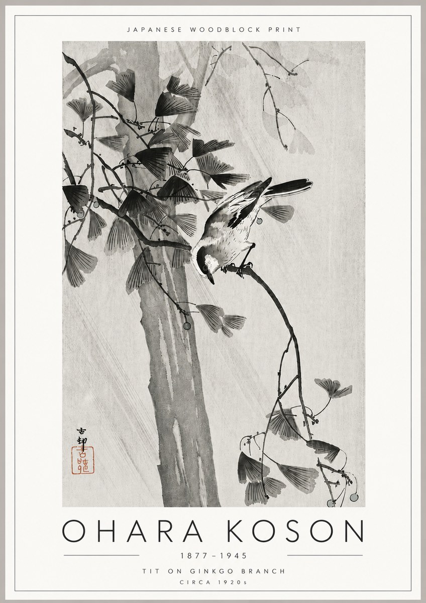 Ohara Koson Tit on Ginkgo Branch No6 - Plakát