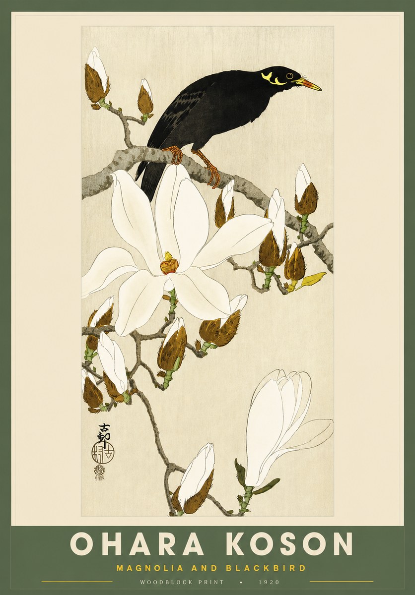 Ohara Koson Magnolia and Blackbird No2 - Plakát