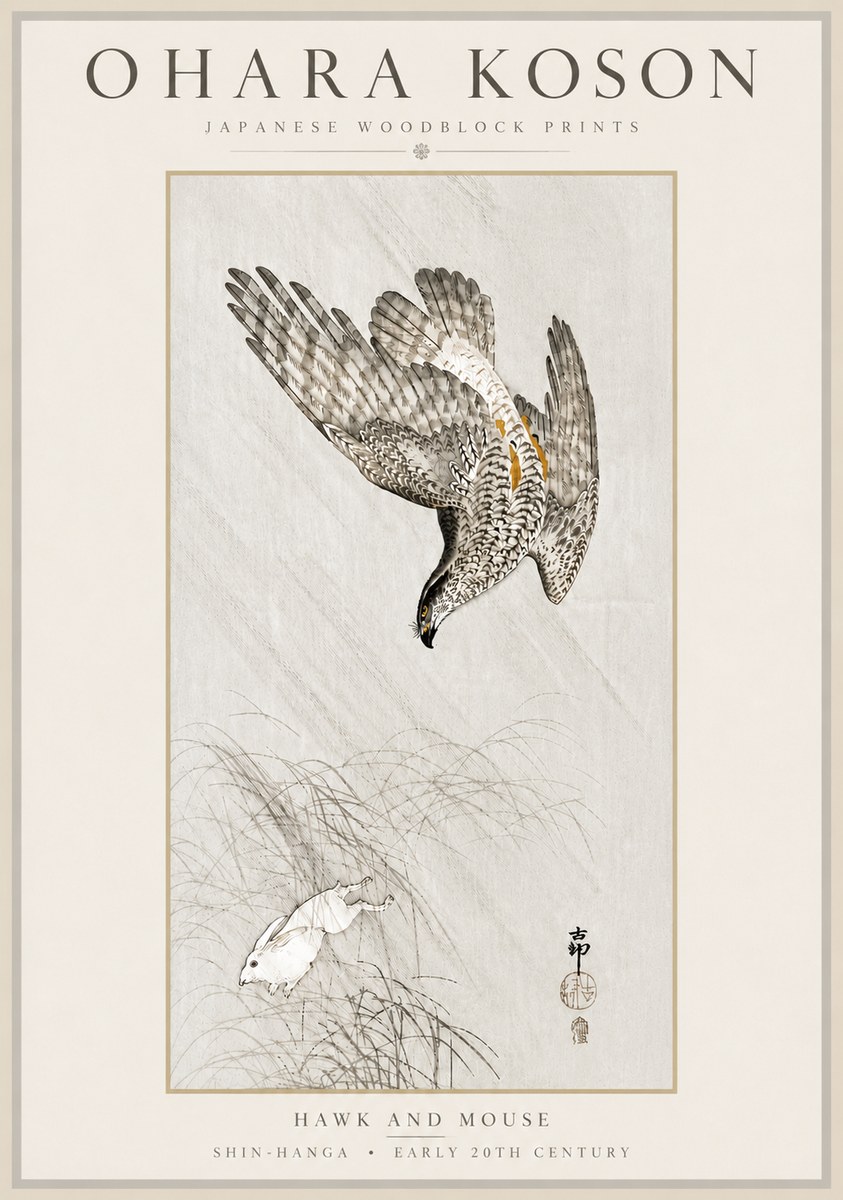 Ohara Koson Hawk and Mouse No6 - Plakát