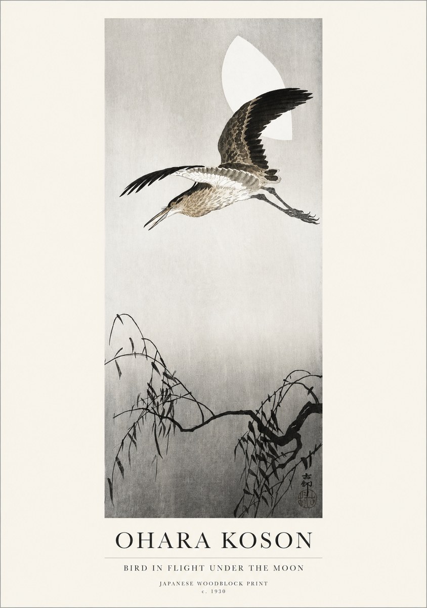 Ohara Koson Bird in Flight Under the Moon No1 - Plakát