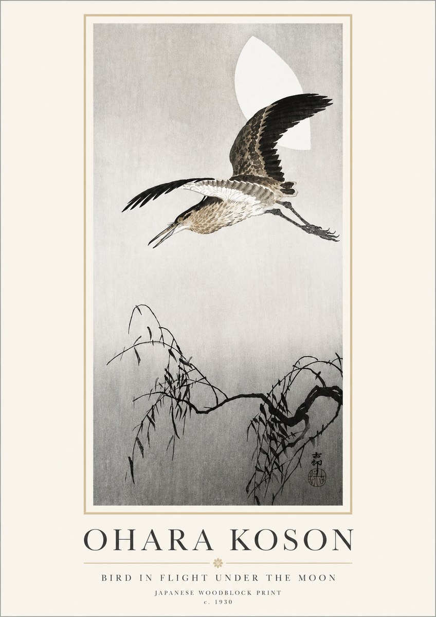 Ohara Koson Bird in Flight Under the Moon No3 - Plakát