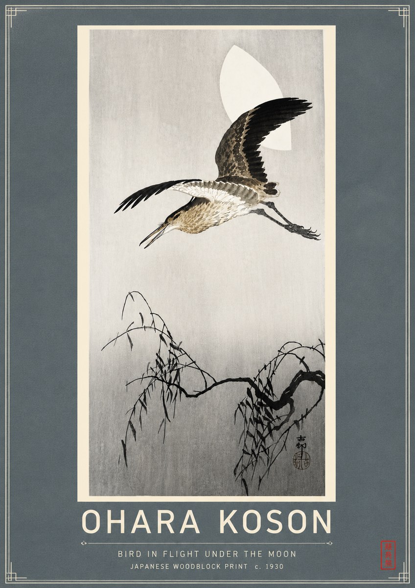 Ohara Koson Bird in Flight Under the Moon No4 - Plakát