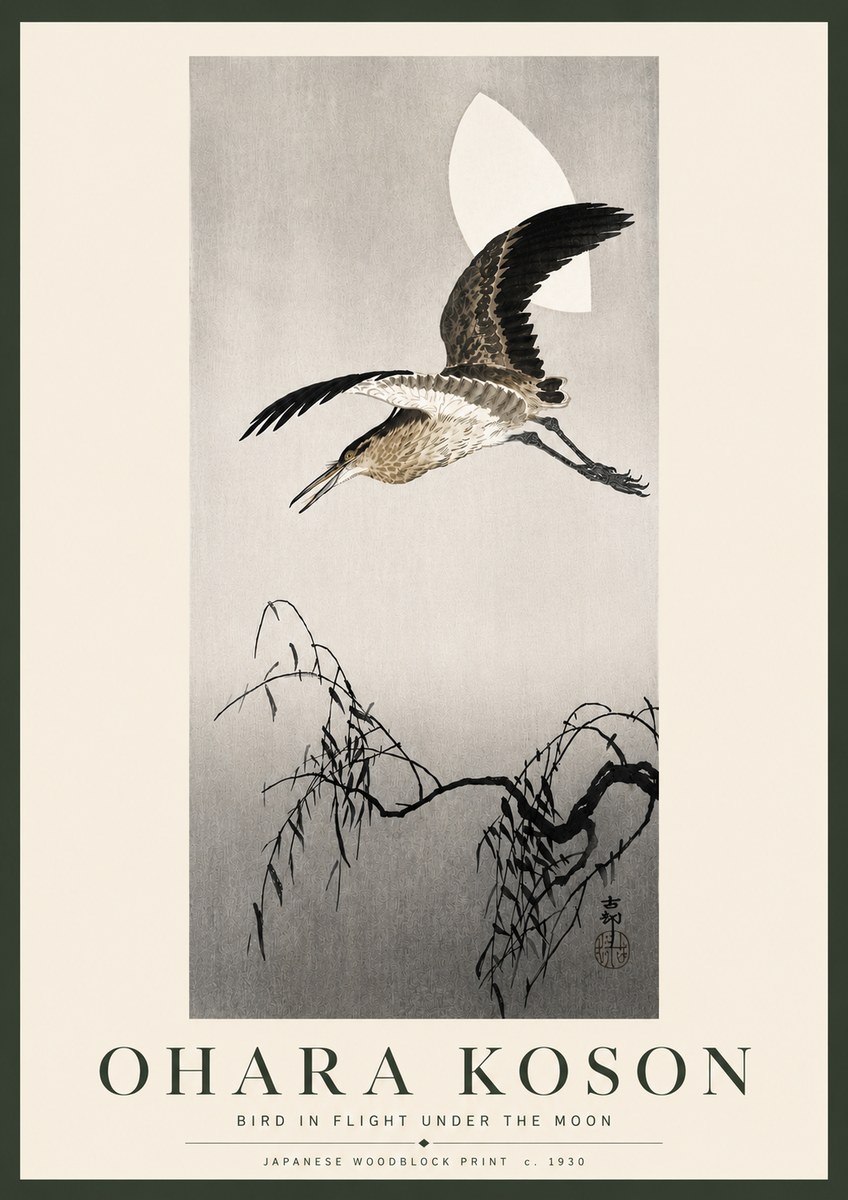 Ohara Koson Bird in Flight Under the Moon No5 - Plakát