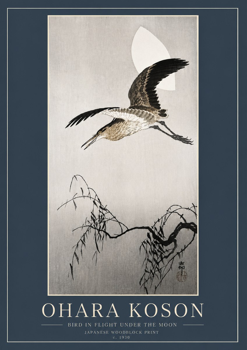 Ohara Koson Bird in Flight Under the Moon No6 - Plakát