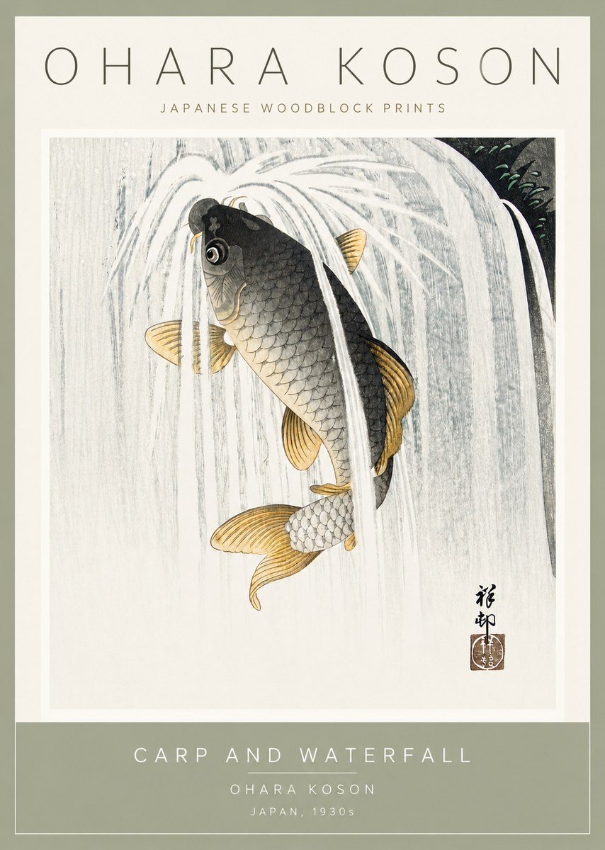 Ohara Koson Carp and Waterfall No2 - Plakát