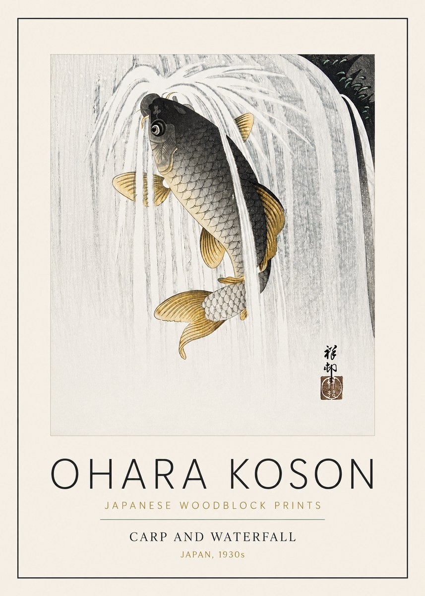 Ohara Koson Carp and Waterfall No3 - Plakát
