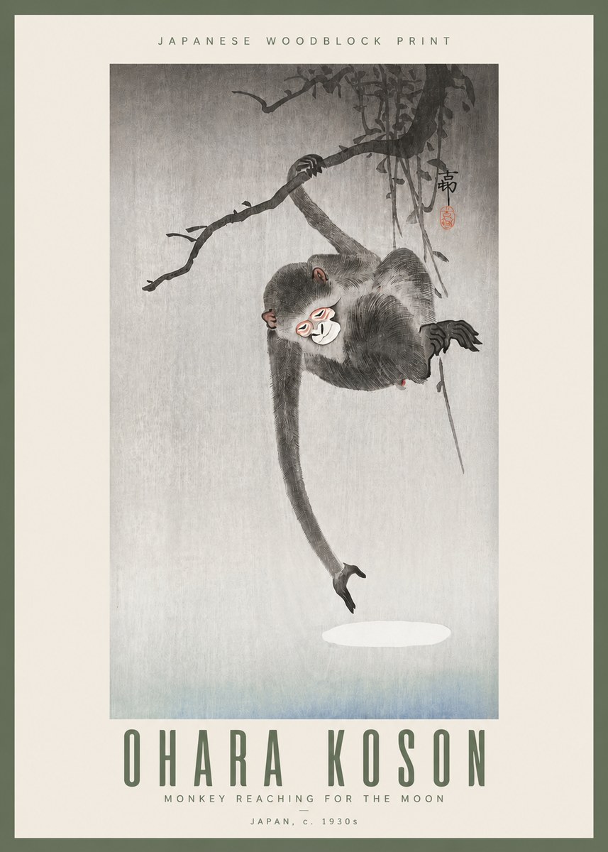 Ohara Koson Monkey Reaching for the Moon No3 - Plakát