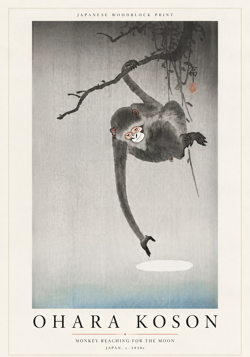 Ohara Koson Monkey Reaching for the Moon No6 - Plakát