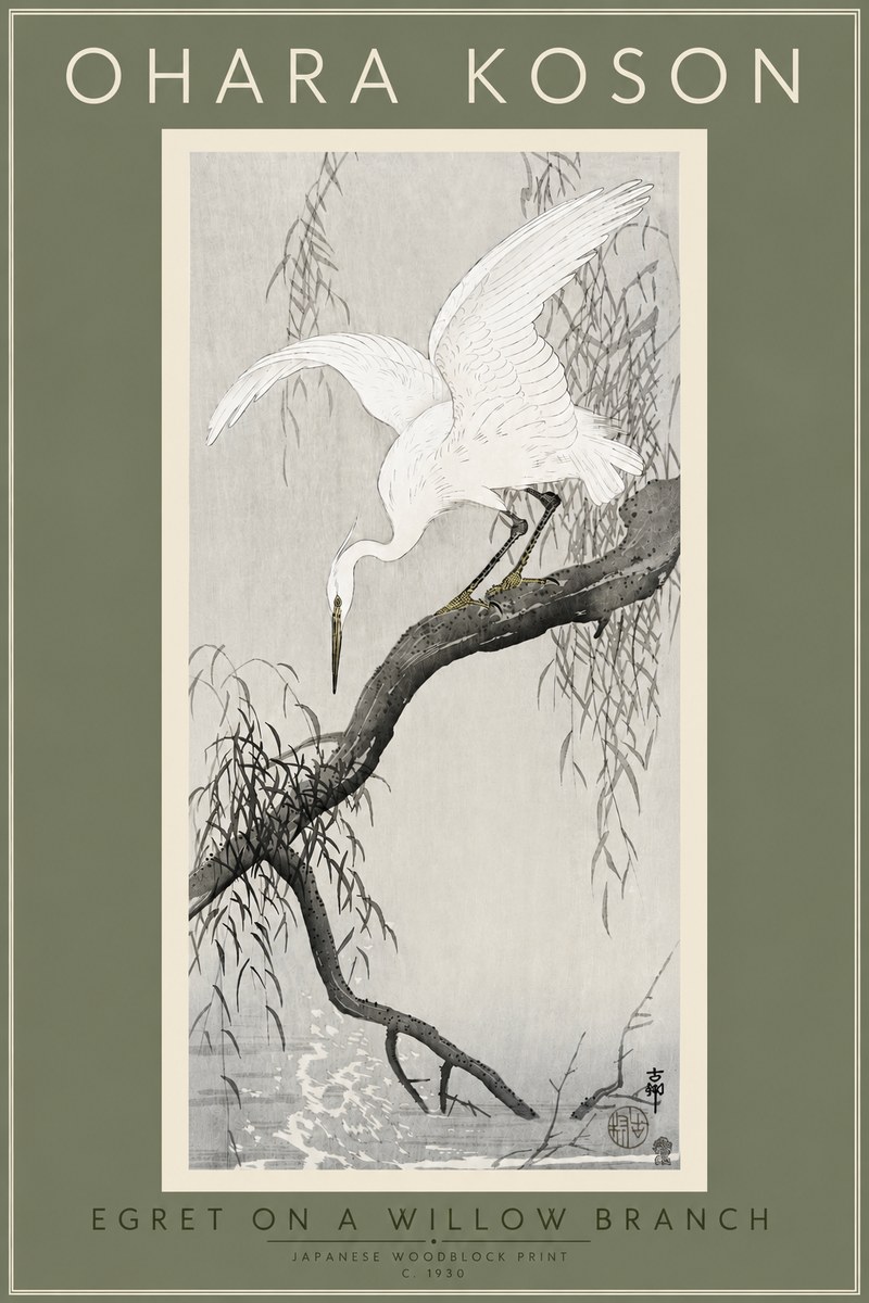 Ohara Koson Egret on a Willow Branch No4 - Plakát