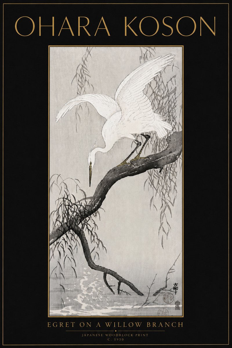 Ohara Koson Egret on a Willow Branch No5 - Plakát
