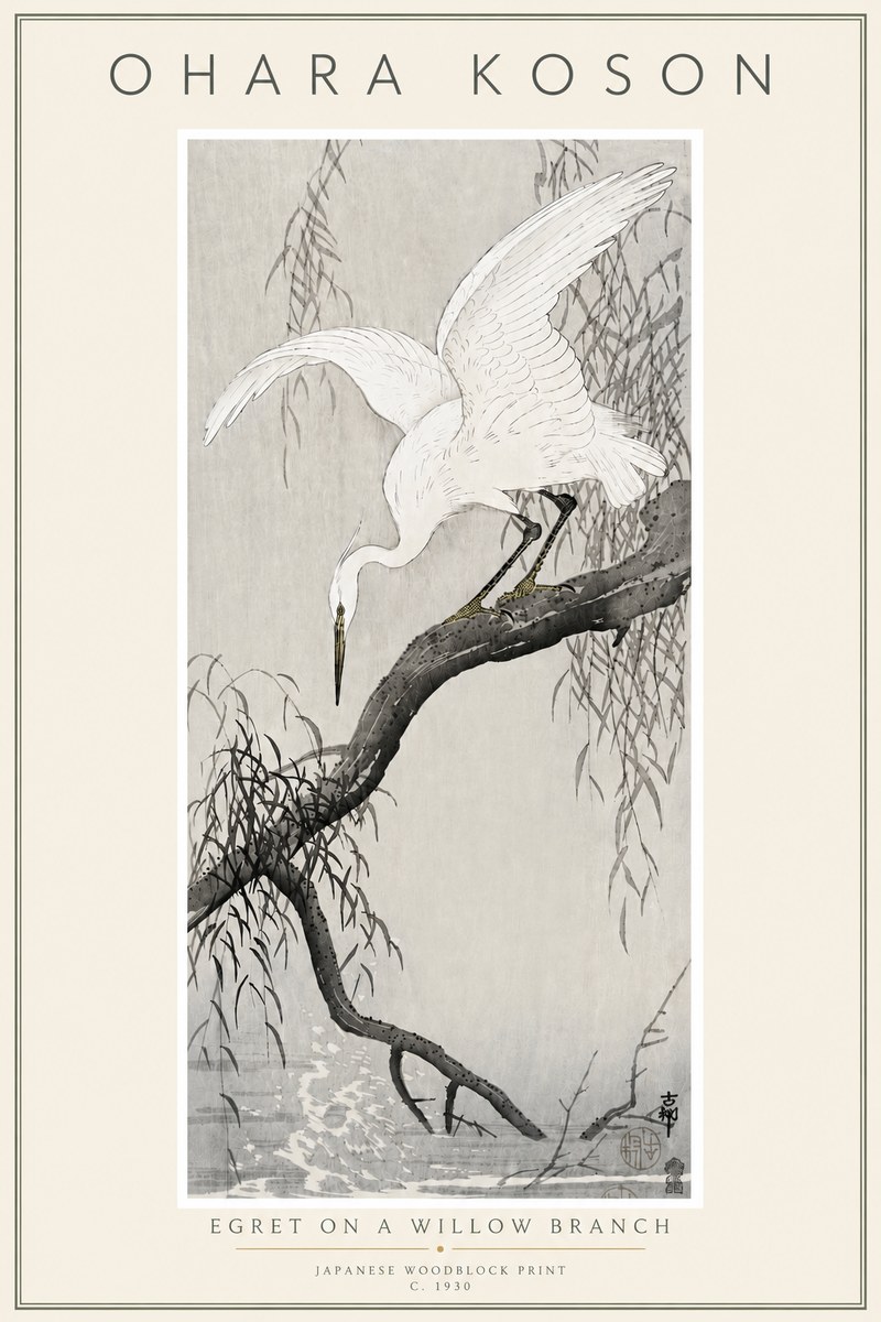 Ohara Koson Egret on a Willow Branch No6 - Plakát