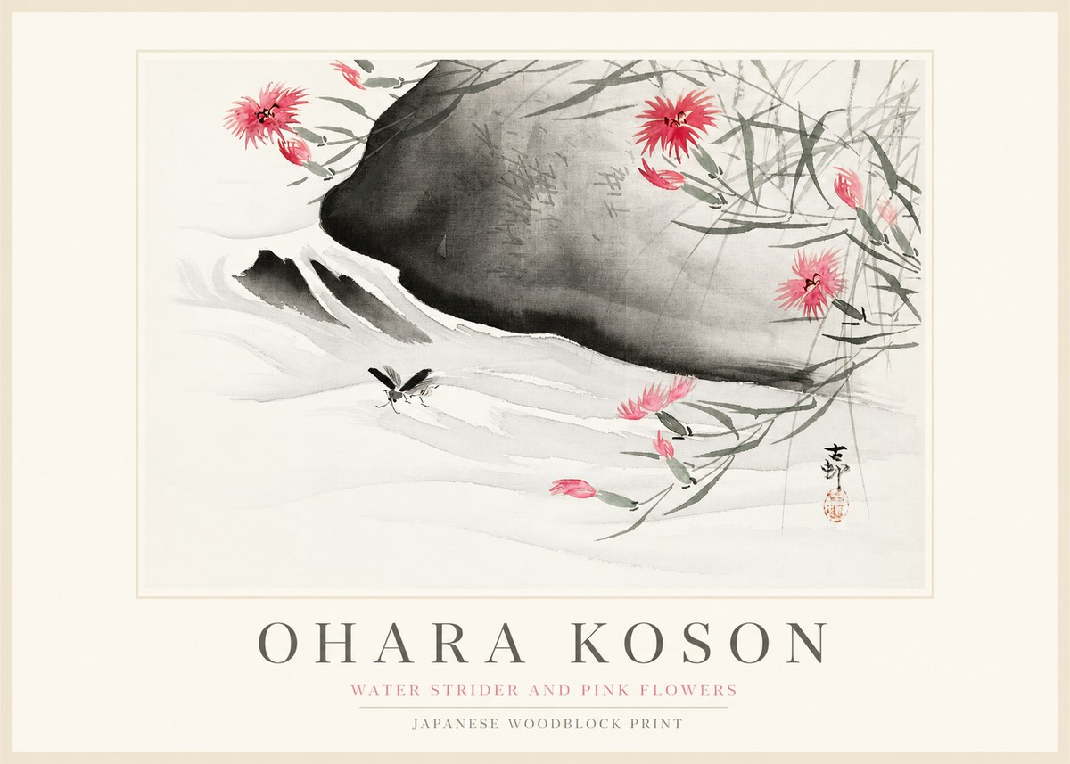 Ohara Koson Water Strider and Pink Flowers No1 - Plakát