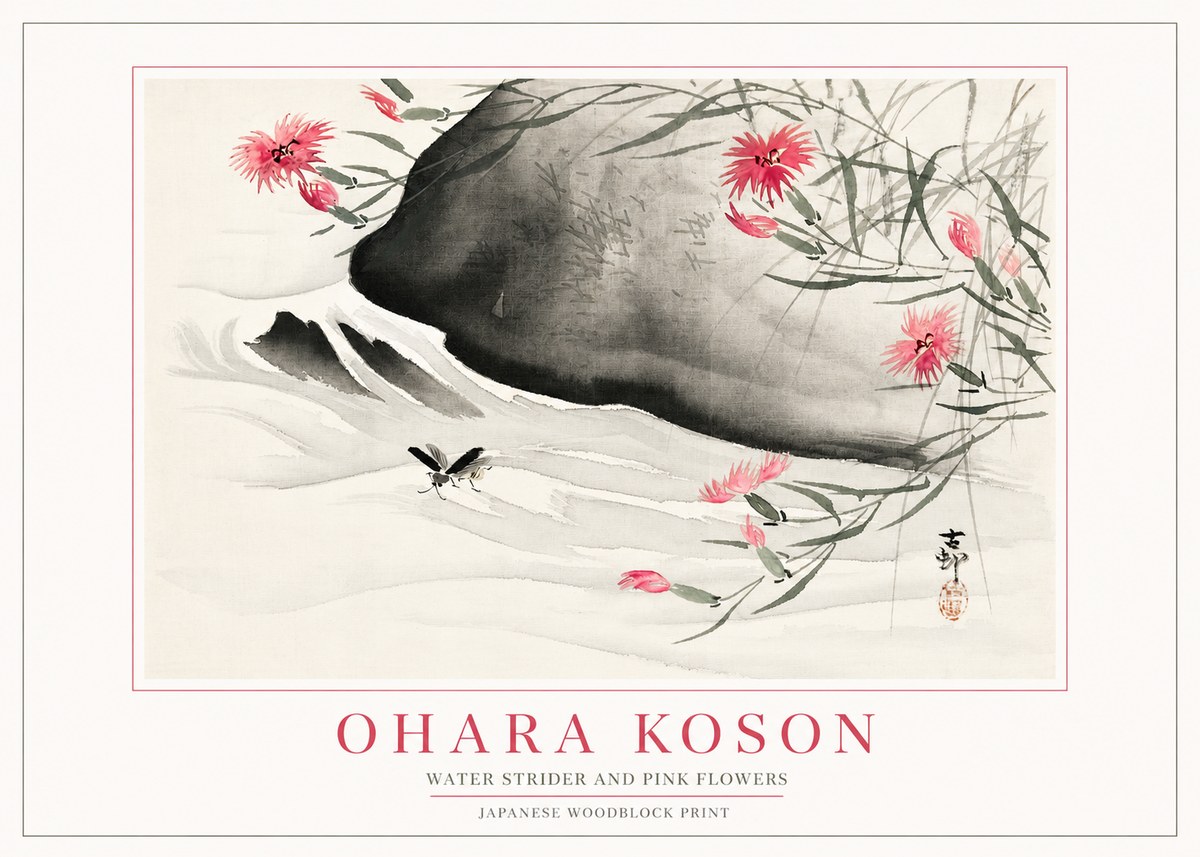 Ohara Koson Water Strider and Pink Flowers No2 - Plakát